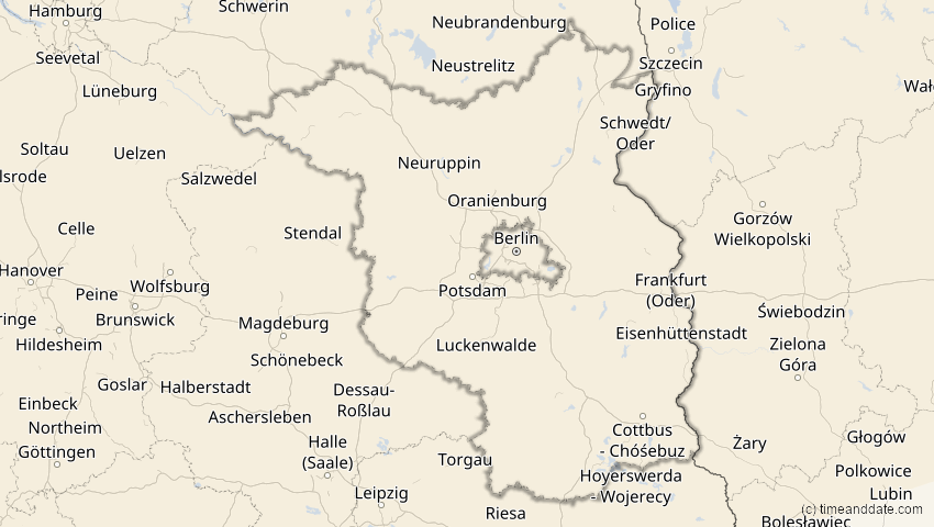 A map of Brandenburg, Deutschland, showing the path of the 10. Jun 2021 Ringförmige Sonnenfinsternis
