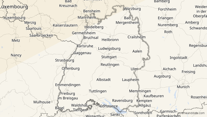 A map of Baden-Württemberg, Germany, showing the path of the Jun 10, 2021 Annular Solar Eclipse