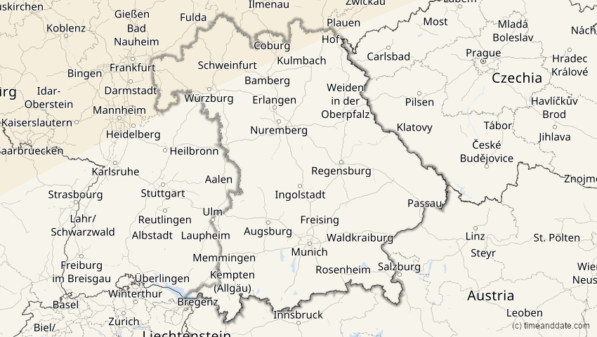 A map of Bayern, Deutschland, showing the path of the 10. Jun 2021 Ringförmige Sonnenfinsternis