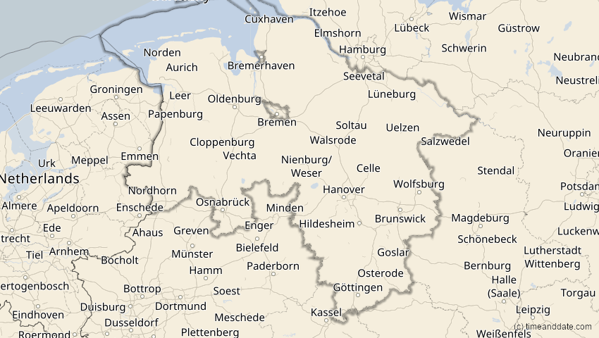 A map of Niedersachsen, Deutschland, showing the path of the 10. Jun 2021 Ringförmige Sonnenfinsternis