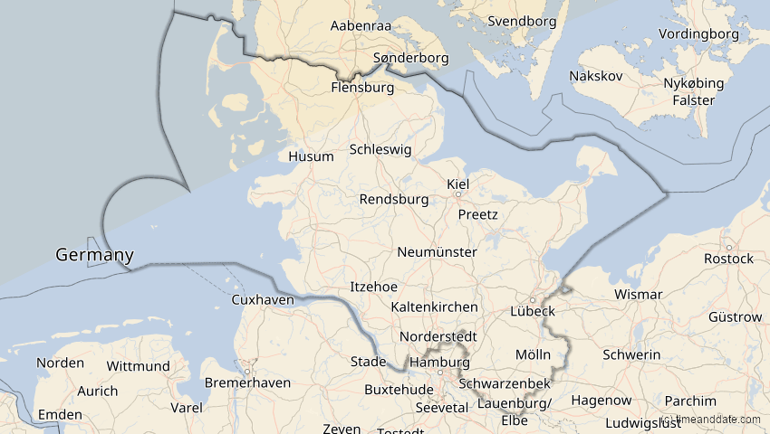 A map of Schleswig-Holstein, Germany, showing the path of the Jun 10, 2021 Annular Solar Eclipse