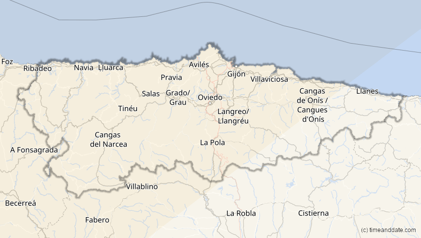 A map of Asturias, Spain, showing the path of the Jun 10, 2021 Annular Solar Eclipse