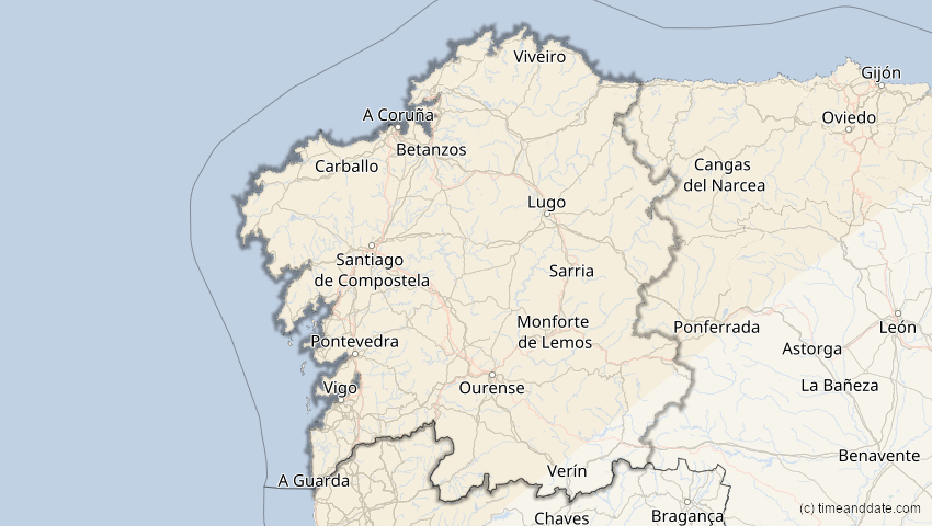 A map of Galicia, Spain, showing the path of the Jun 10, 2021 Annular Solar Eclipse