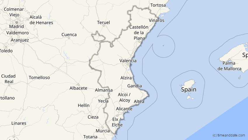 A map of Valencia, Spanien, showing the path of the 10. Jun 2021 Ringförmige Sonnenfinsternis
