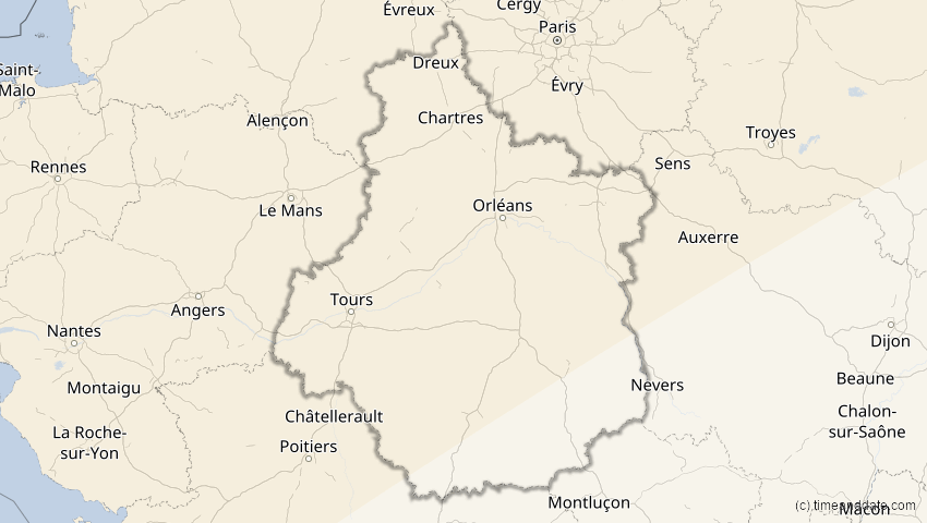 A map of Centre-Val de Loire, France, showing the path of the Jun 10, 2021 Annular Solar Eclipse