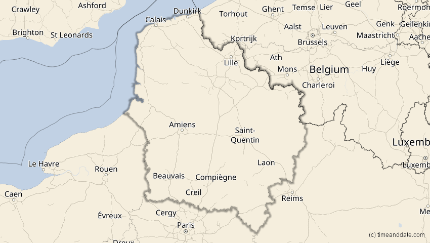 A map of Hauts-de-France, Frankreich, showing the path of the 10. Jun 2021 Ringförmige Sonnenfinsternis