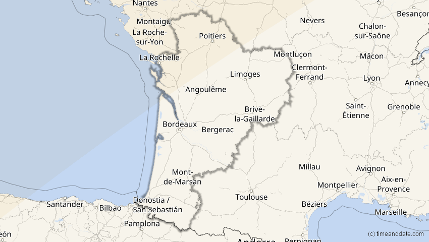 A map of Nouvelle-Aquitaine, France, showing the path of the Jun 10, 2021 Annular Solar Eclipse