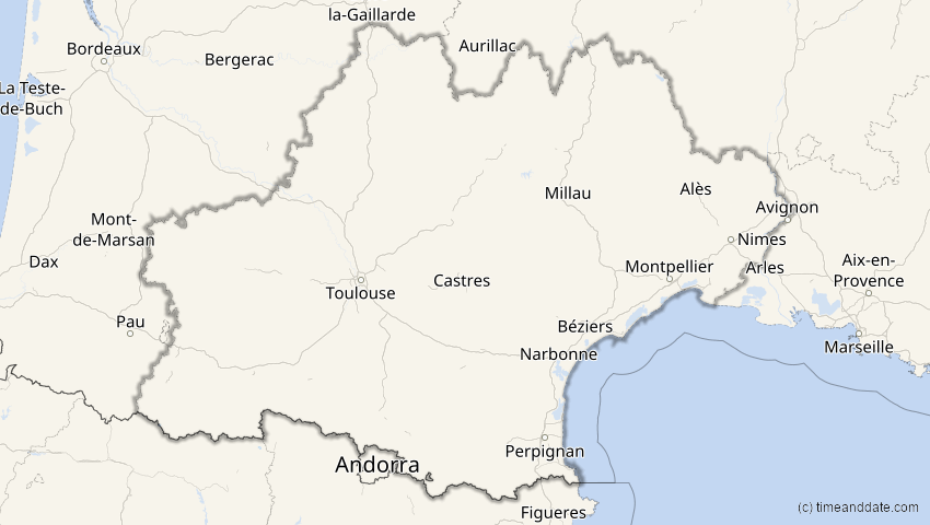 A map of Occitanie, France, showing the path of the Jun 10, 2021 Annular Solar Eclipse