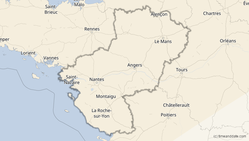 A map of Pays-de-la-Loire, France, showing the path of the Jun 10, 2021 Annular Solar Eclipse