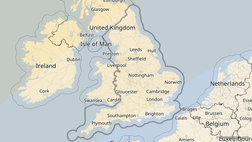 A map of England, United Kingdom, showing the path of the Jun 10, 2021 Annular Solar Eclipse