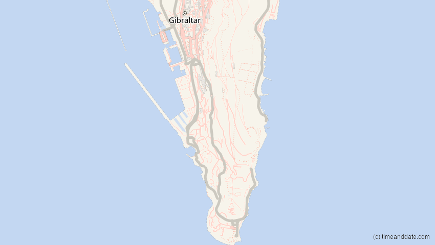 A map of Gibraltar, United Kingdom, showing the path of the Jun 10, 2021 Annular Solar Eclipse