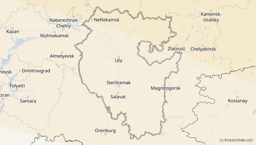 A map of Baschkortostan, Russland, showing the path of the 10. Jun 2021 Ringförmige Sonnenfinsternis