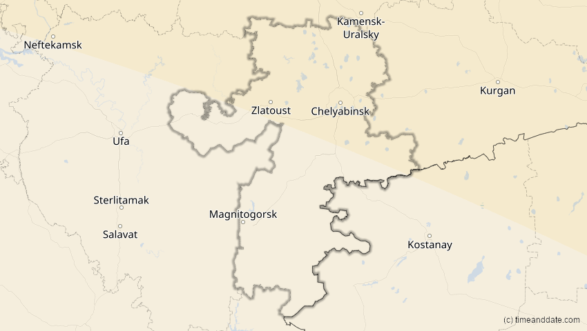 A map of Tscheljabinsk, Russland, showing the path of the 10. Jun 2021 Ringförmige Sonnenfinsternis