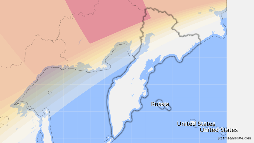 A map of Kamchatka, Russia, showing the path of the Jun 10–11, 2021 Annular Solar Eclipse