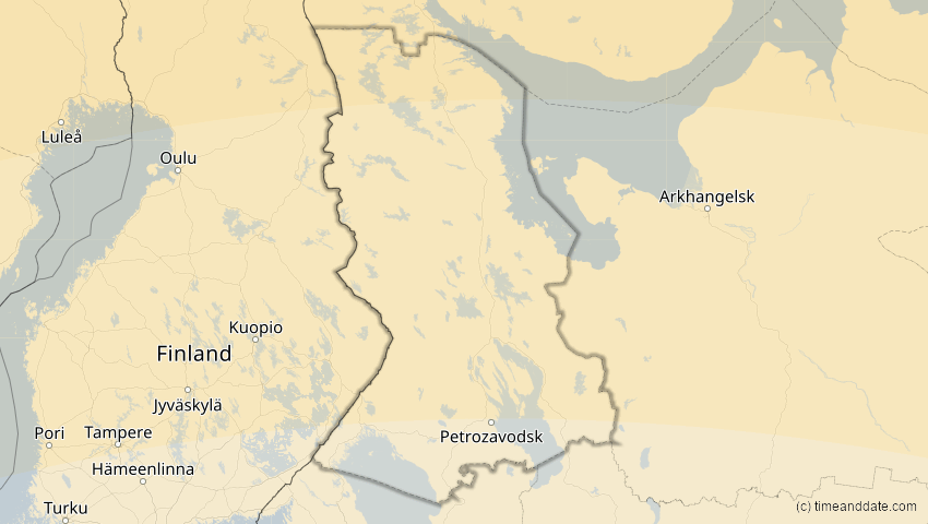 A map of Karelia, Russia, showing the path of the Jun 10, 2021 Annular Solar Eclipse