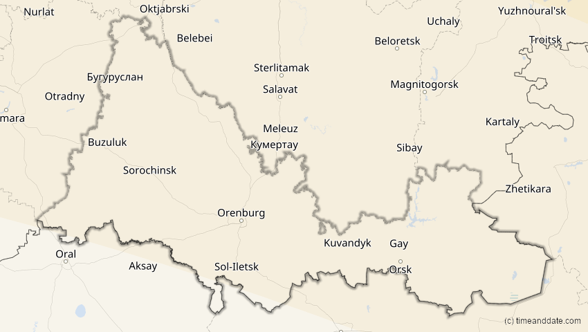 A map of Orenburg, Russland, showing the path of the 10. Jun 2021 Ringförmige Sonnenfinsternis