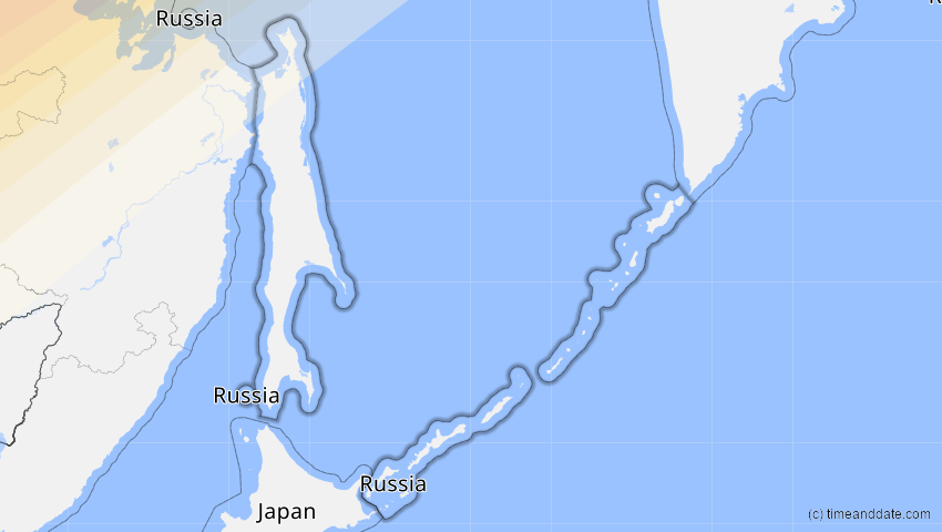 A map of Sakhalin, Russia, showing the path of the Jun 10–11, 2021 Annular Solar Eclipse