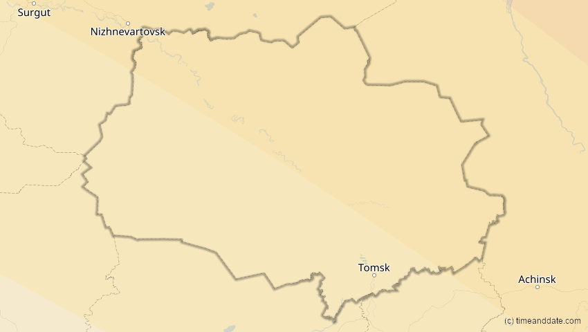 A map of Tomsk, Russland, showing the path of the 10. Jun 2021 Ringförmige Sonnenfinsternis