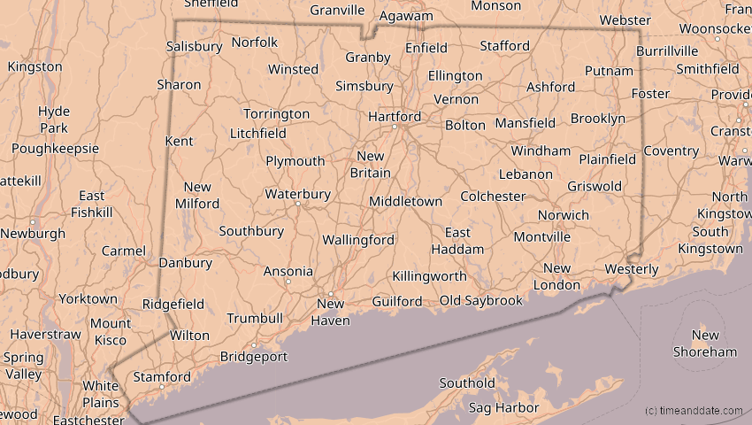 A map of Connecticut, United States, showing the path of the Jun 10, 2021 Annular Solar Eclipse