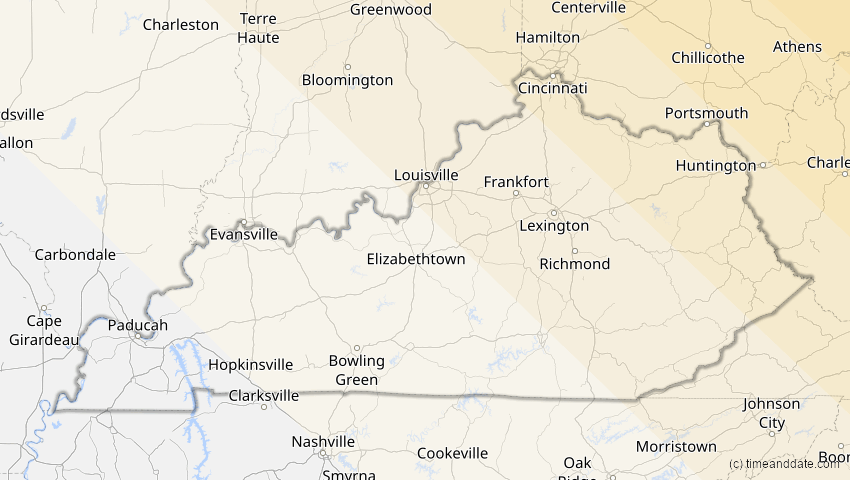 A map of Kentucky, United States, showing the path of the Jun 10, 2021 Annular Solar Eclipse