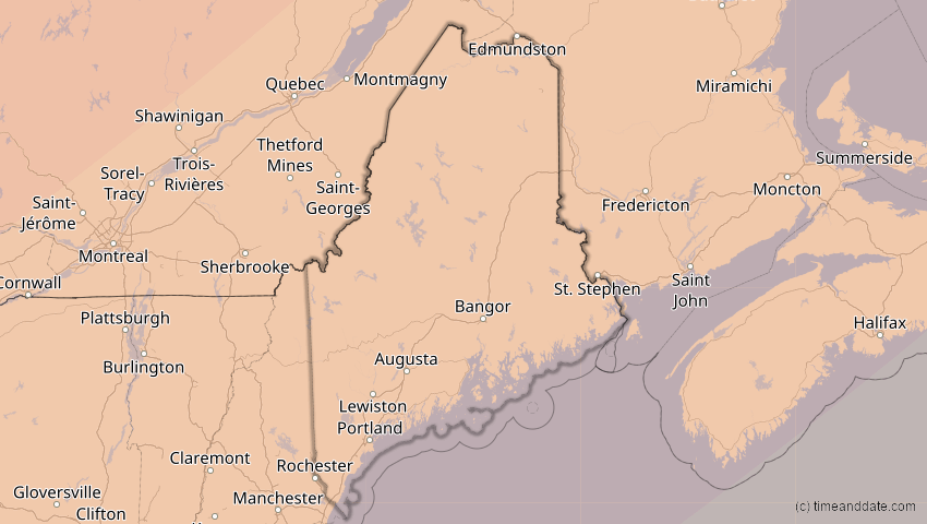 A map of Maine, United States, showing the path of the Jun 10, 2021 Annular Solar Eclipse