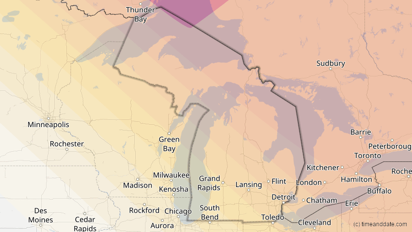 A map of Michigan, United States, showing the path of the Jun 10, 2021 Annular Solar Eclipse