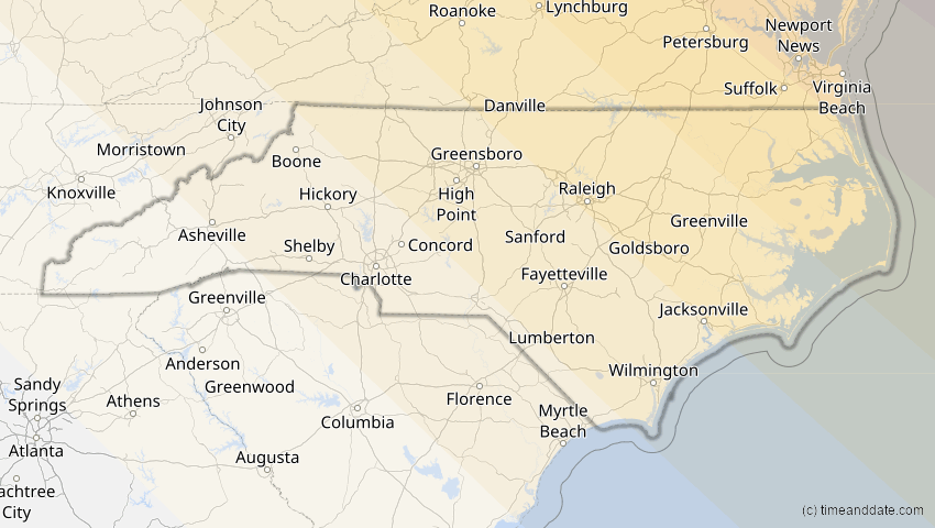 A map of North Carolina, USA, showing the path of the 10. Jun 2021 Ringförmige Sonnenfinsternis