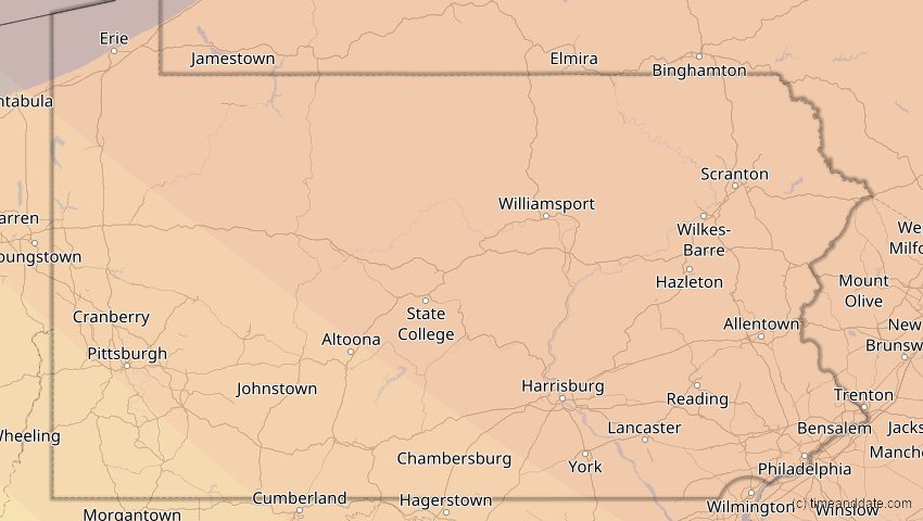 A map of Pennsylvania, United States, showing the path of the Jun 10, 2021 Annular Solar Eclipse