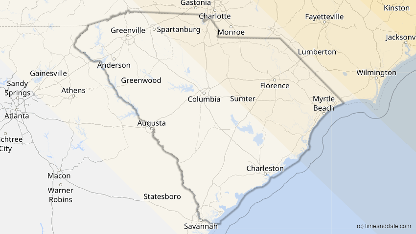 A map of South Carolina, United States, showing the path of the Jun 10, 2021 Annular Solar Eclipse
