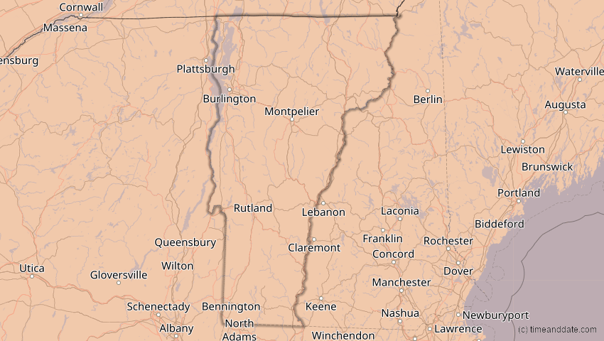 A map of Vermont, United States, showing the path of the Jun 10, 2021 Annular Solar Eclipse