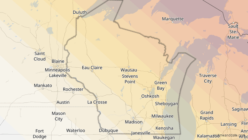 A map of Wisconsin, United States, showing the path of the Jun 10, 2021 Annular Solar Eclipse