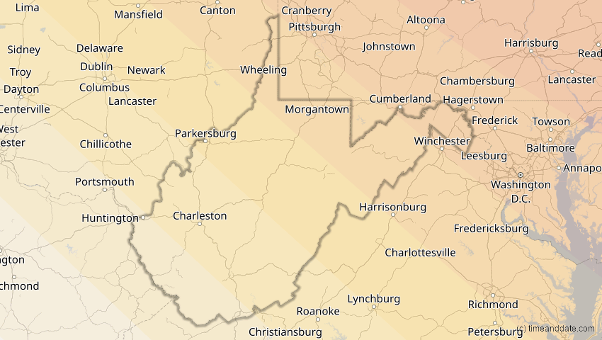 A map of West Virginia, United States, showing the path of the Jun 10, 2021 Annular Solar Eclipse