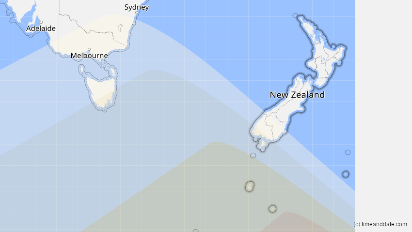 A map of Neuseeland, showing the path of the 4. Dez 2021 Totale Sonnenfinsternis