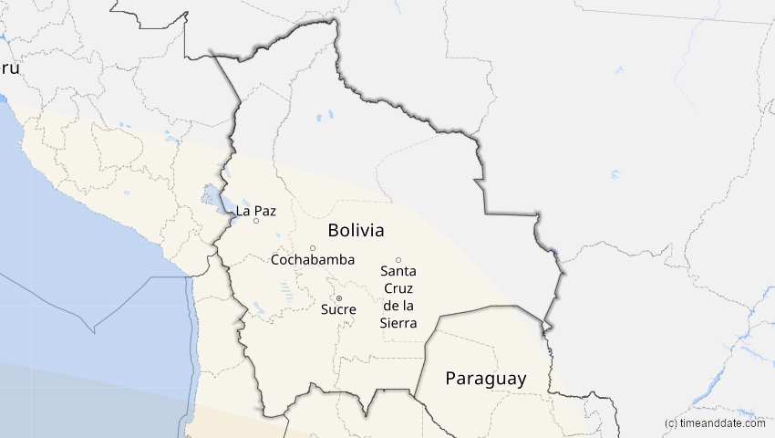 A map of Bolivia, showing the path of the Apr 30, 2022 Partial Solar Eclipse