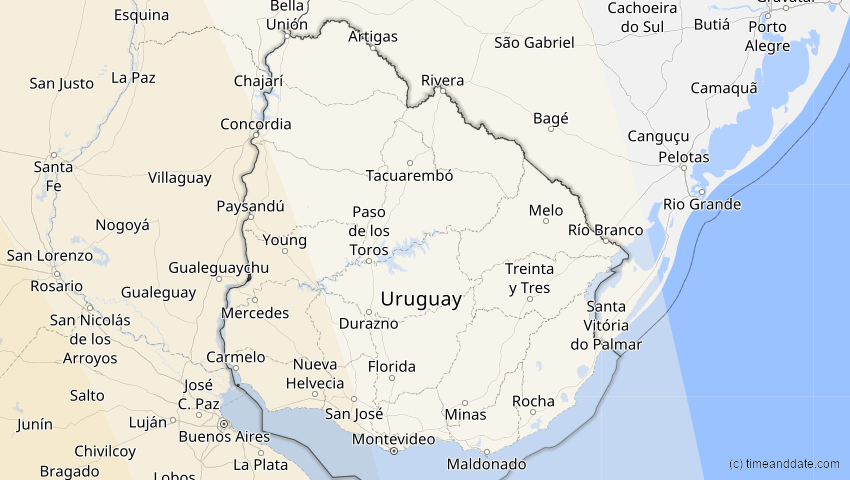 A map of Uruguay, showing the path of the Apr 30, 2022 Partial Solar Eclipse