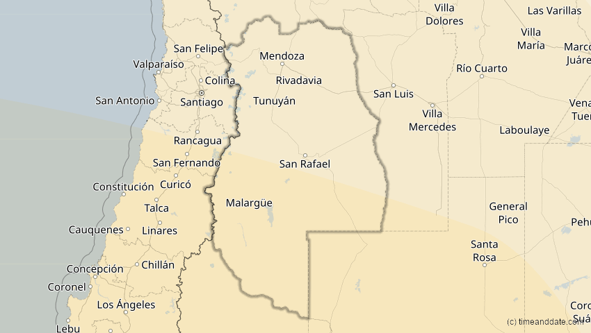 A map of Mendoza, Argentinien, showing the path of the 30. Apr 2022 Partielle Sonnenfinsternis