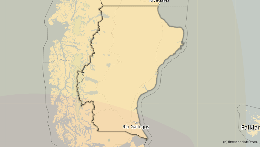 A map of Santa Cruz, Argentina, showing the path of the Apr 30, 2022 Partial Solar Eclipse
