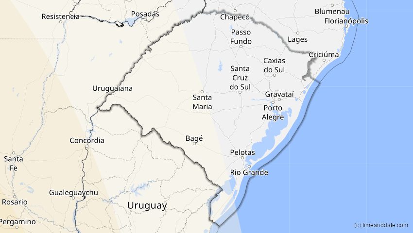 A map of Rio Grande do Sul, Brazil, showing the path of the Apr 30, 2022 Partial Solar Eclipse