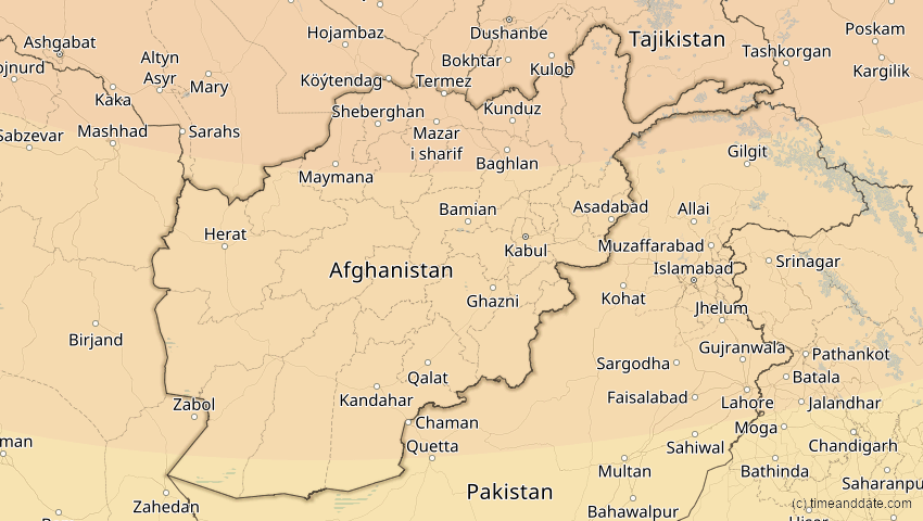 A map of Afghanistan, showing the path of the Oct 25, 2022 Partial Solar Eclipse