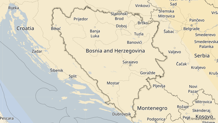 A map of Bosnia and Herzegovina, showing the path of the Oct 25, 2022 Partial Solar Eclipse