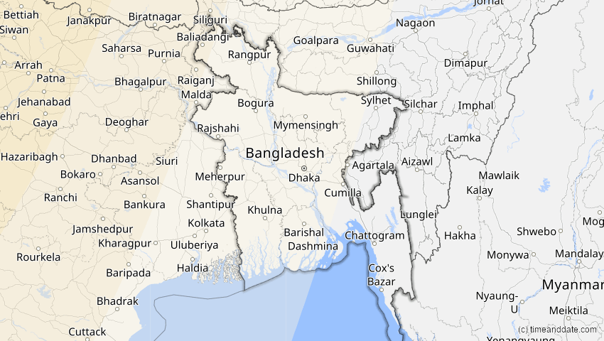 A map of Bangladesh, showing the path of the Oct 25, 2022 Partial Solar Eclipse