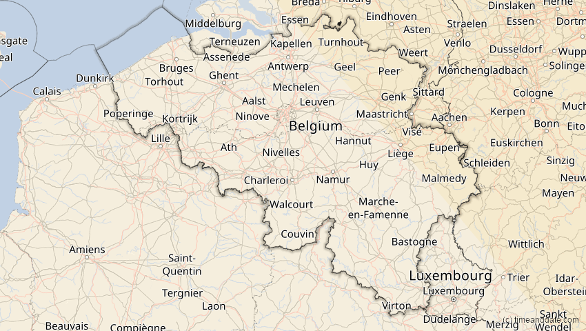A map of Belgium, showing the path of the Oct 25, 2022 Partial Solar Eclipse