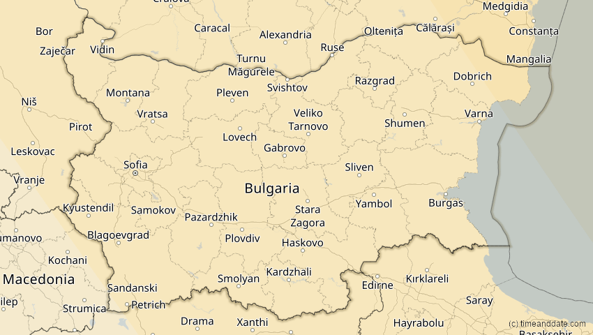A map of Bulgaria, showing the path of the Oct 25, 2022 Partial Solar Eclipse