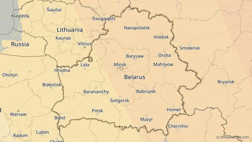 A map of Belarus, showing the path of the Oct 25, 2022 Partial Solar Eclipse