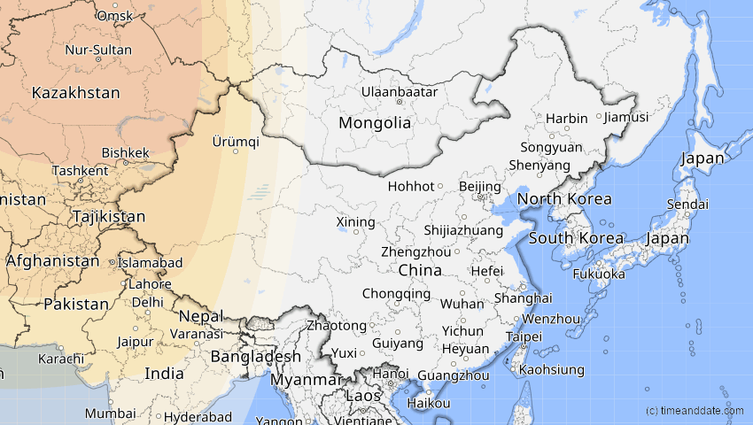 A map of China, showing the path of the 25. Okt 2022 Partielle Sonnenfinsternis