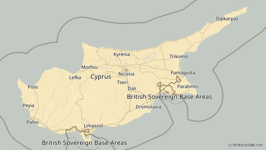 A map of Cyprus, showing the path of the Oct 25, 2022 Partial Solar Eclipse