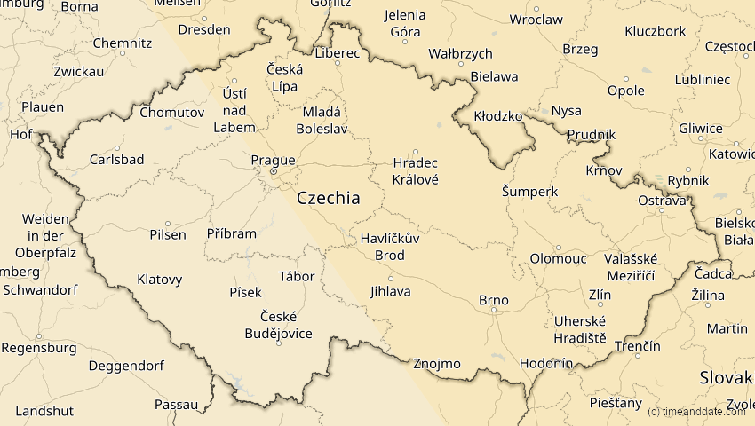 A map of Czechia, showing the path of the Oct 25, 2022 Partial Solar Eclipse