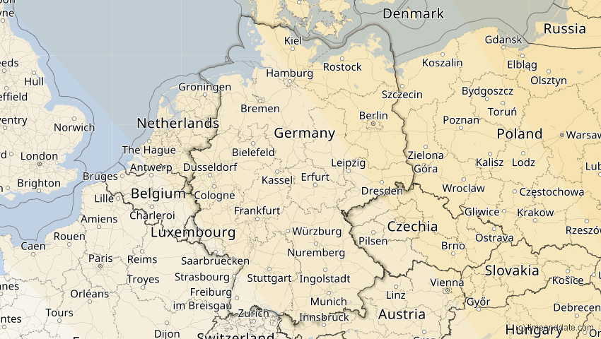 A map of Germany, showing the path of the Oct 25, 2022 Partial Solar Eclipse