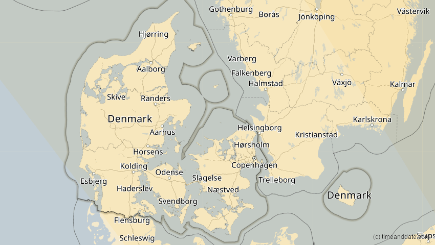 A map of Denmark, showing the path of the Oct 25, 2022 Partial Solar Eclipse