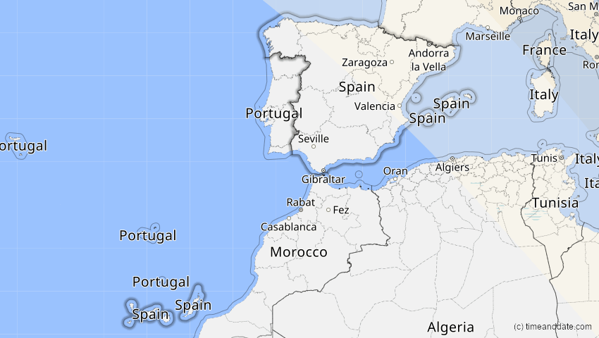 A map of Spain, showing the path of the Oct 25, 2022 Partial Solar Eclipse